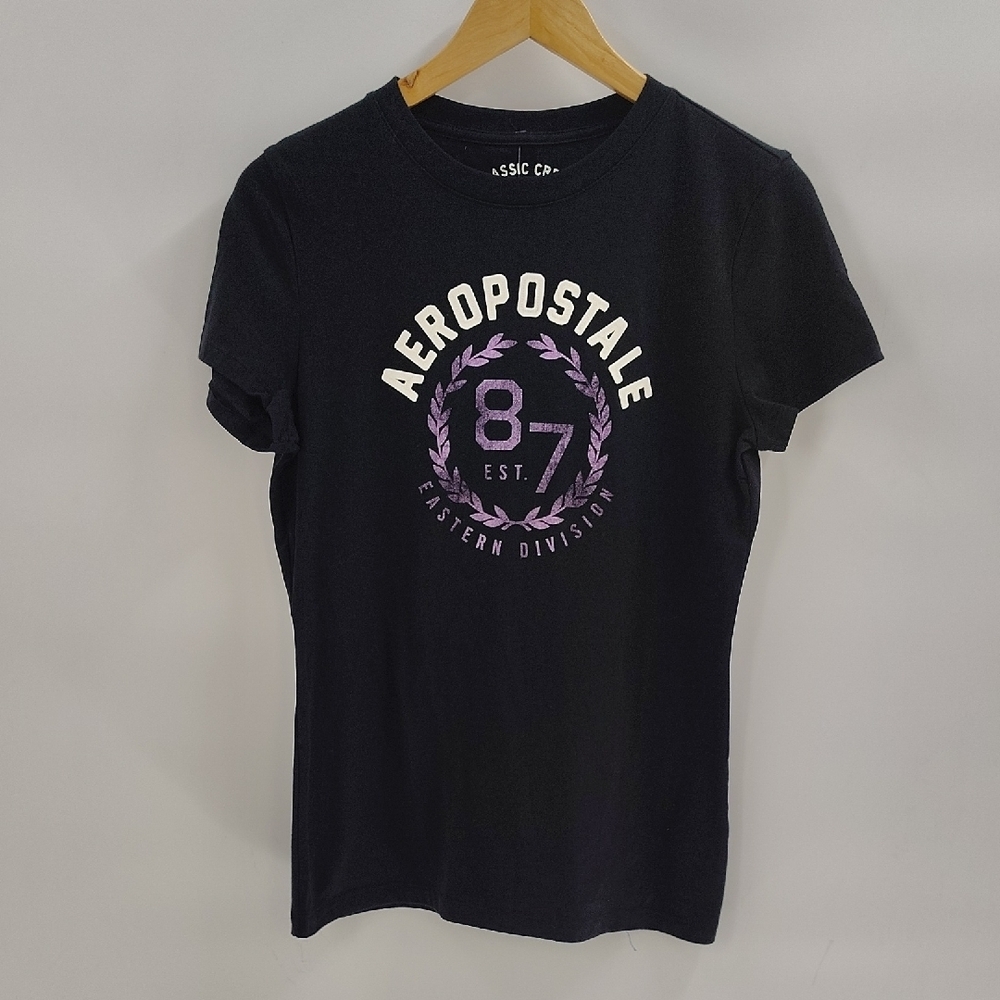 Aeropostale Classic Crew Tee Size Large Black Purple Lettering Short Sleeve NWT